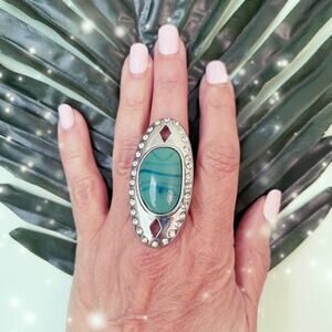 Ladies Cocktail Costume Jewelry Ring Silver Tone Band Faux Turquoise Adustable